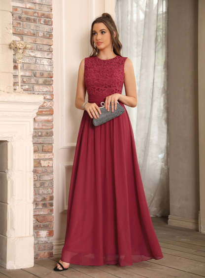 Sheath Crew Sleeveless Lace Top Chiffon Floor Length Dresses-BMbridal