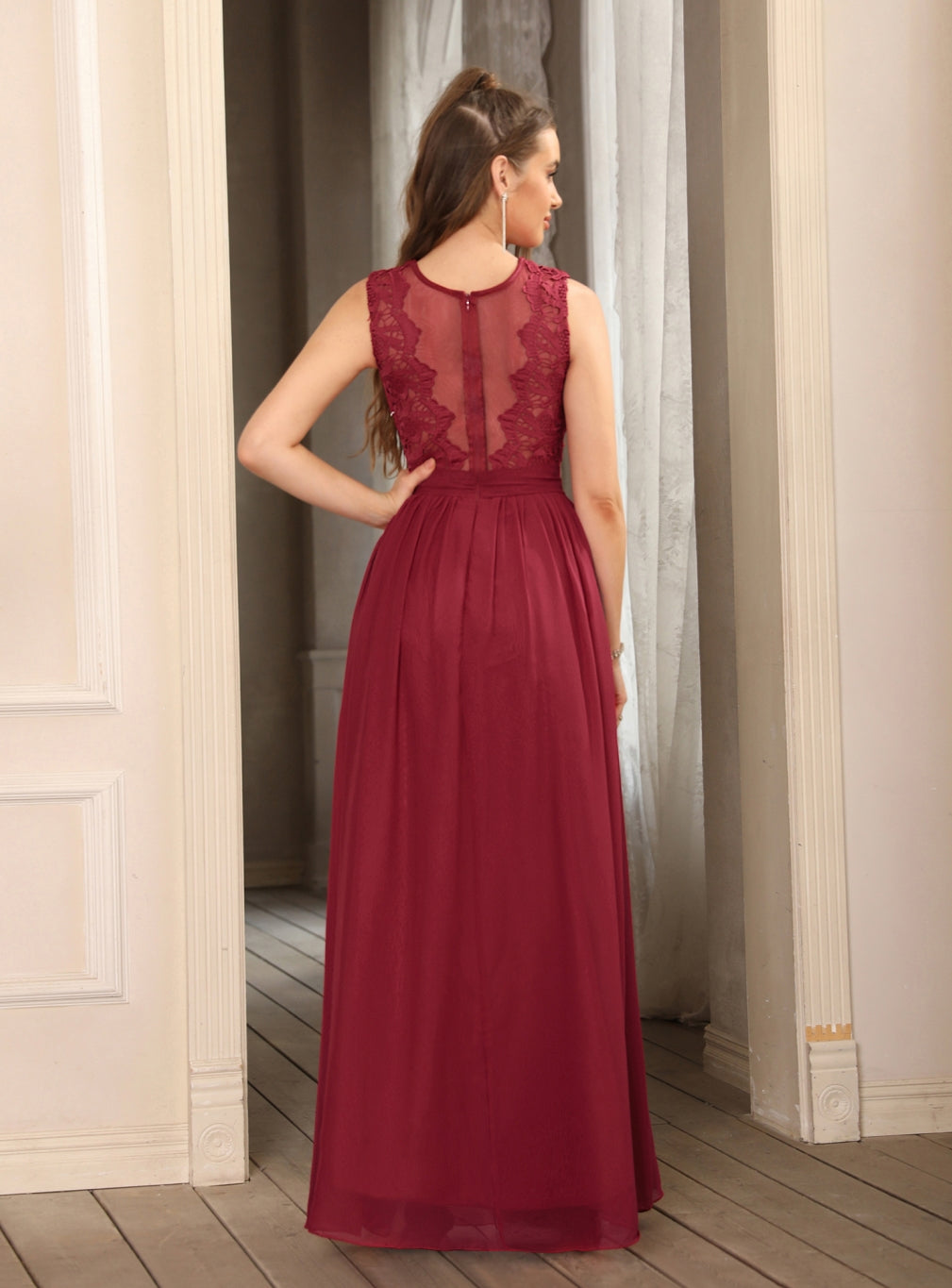 Sheath Crew Sleeveless Lace Top Chiffon Floor Length Dresses-BMbridal