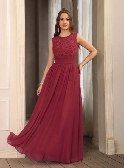 Sheath Crew Sleeveless Lace Top Chiffon Floor Length Dresses-BMbridal