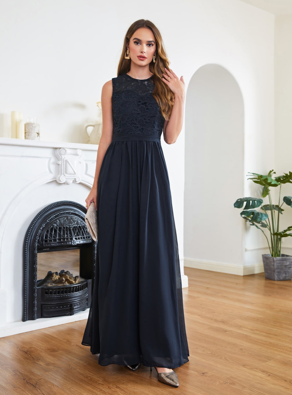 Sheath Crew Sleeveless Lace Top Chiffon Floor Length Dresses-BMbridal