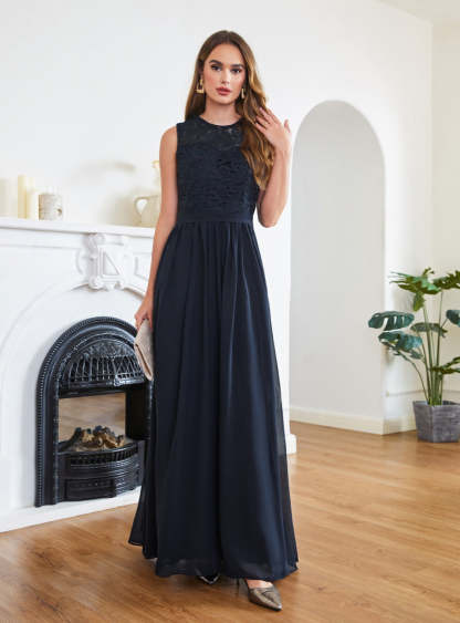 Sheath Crew Sleeveless Lace Top Chiffon Floor Length Dresses-BMbridal