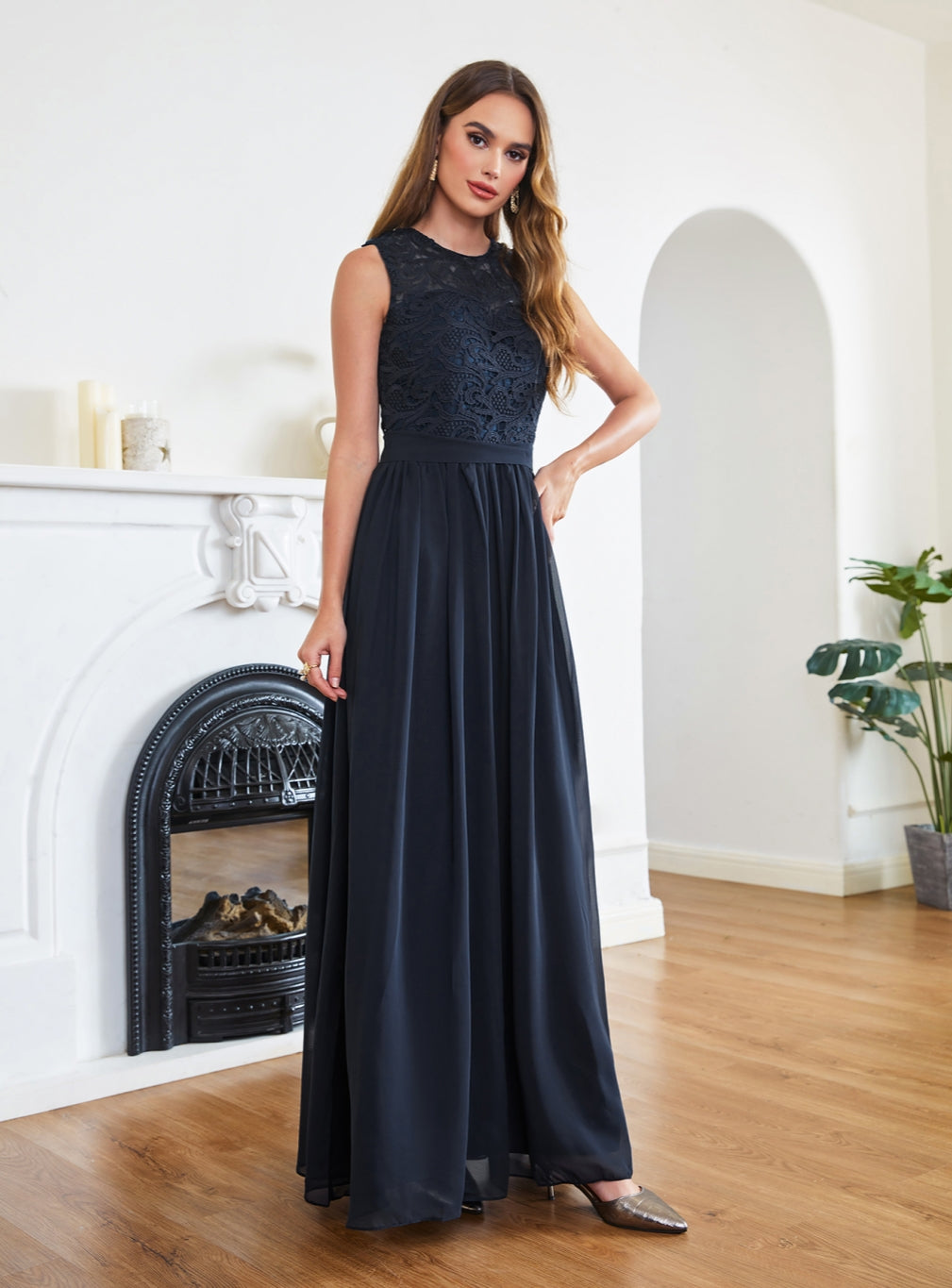 Sheath Crew Sleeveless Lace Top Chiffon Floor Length Dresses-BMbridal
