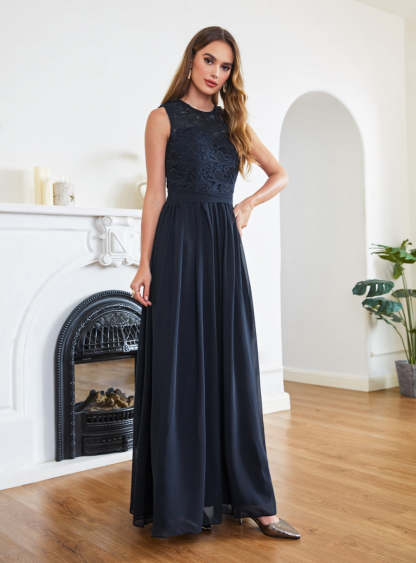 Sheath Crew Sleeveless Lace Top Chiffon Floor Length Dresses-BMbridal