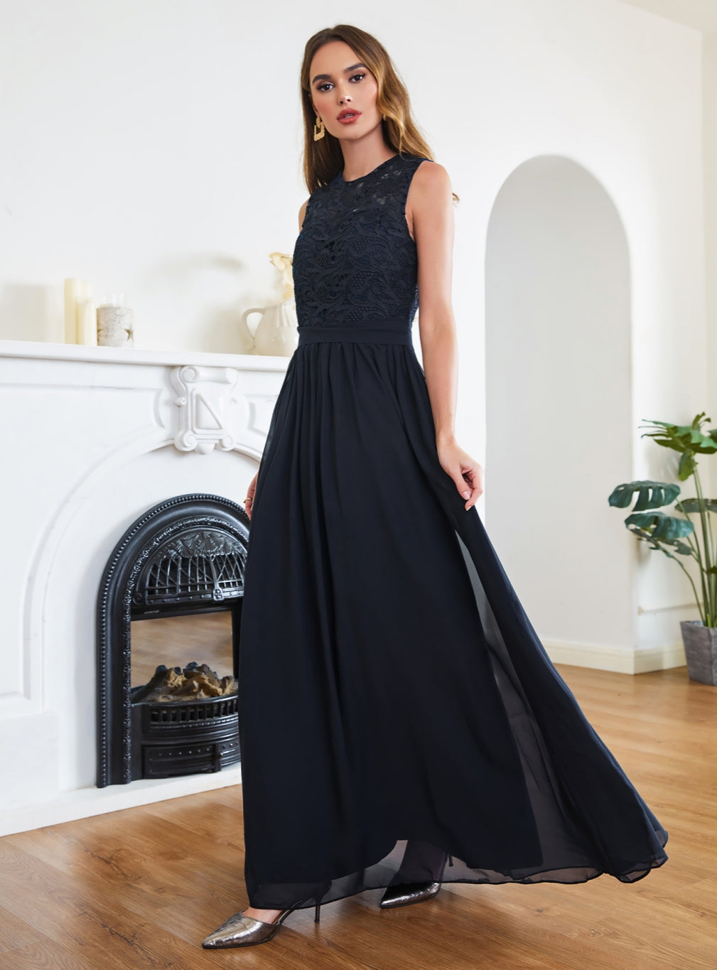 Sheath Crew Sleeveless Lace Top Chiffon Floor Length Dresses-BMbridal