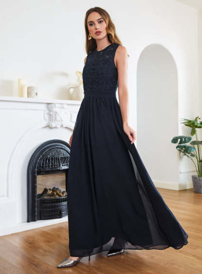 Sheath Crew Sleeveless Lace Top Chiffon Floor Length Dresses-BMbridal