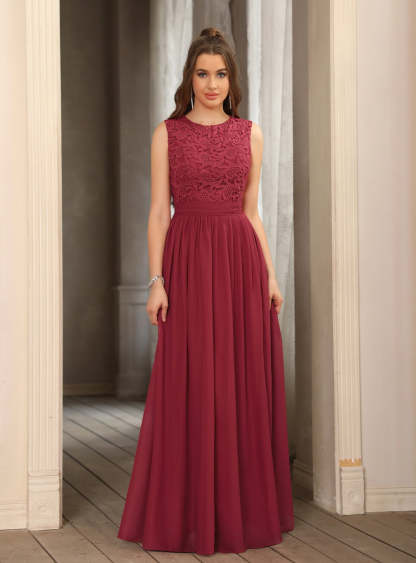 Sheath Crew Sleeveless Lace Top Chiffon Floor Length Dresses-BMbridal