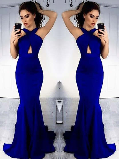 Sheath Halter Sleeveless With Ruched Satin Prom Dresses