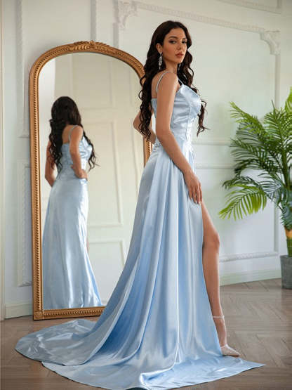 Sheath/Column Elastic Woven Satin Ruched Spaghetti Straps Sleeveless Prom Dresses