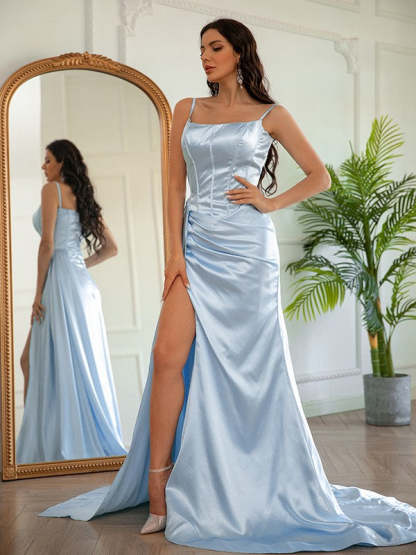 Sheath/Column Elastic Woven Satin Ruched Spaghetti Straps Sleeveless Prom Dresses