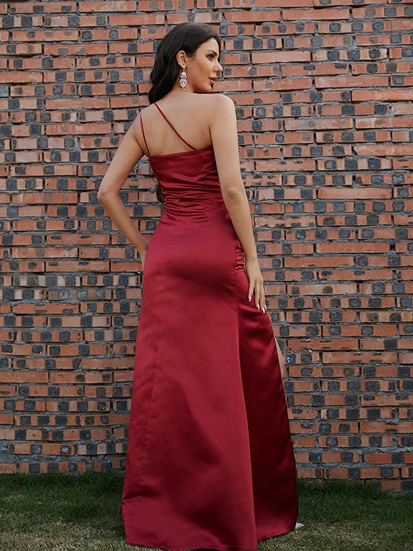 Sheath/Column Satin Ruched One-Shoulder Sleeveless Floor-Length Prom Dresses