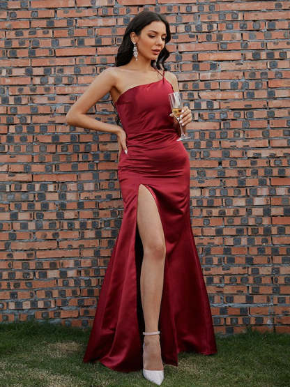 Sheath/Column Satin Ruched One-Shoulder Sleeveless Floor-Length Prom Dresses