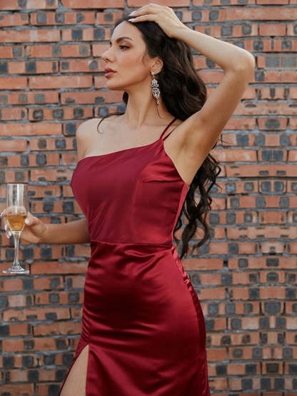 Sheath/Column Satin Ruched One-Shoulder Sleeveless Floor-Length Prom Dresses