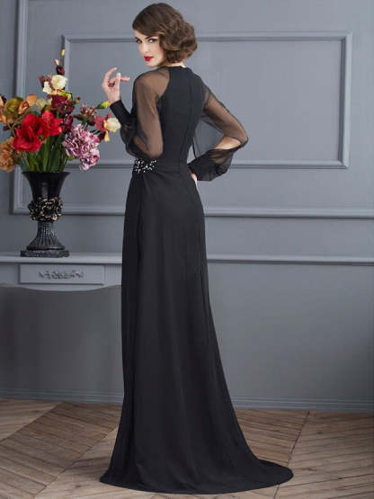 Sheath/Column Scoop Long Sleeves Beading Long Chiffon Prom Dresses