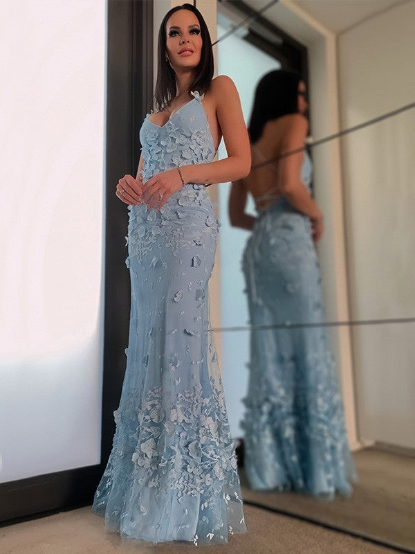 Sheath/Column Tulle Applique Halter Sleeveless Floor-Length Prom Dresses