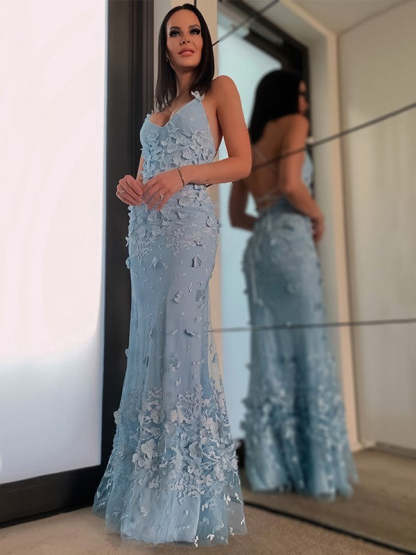 Sheath/Column Tulle Applique Halter Sleeveless Floor-Length Prom Dresses
