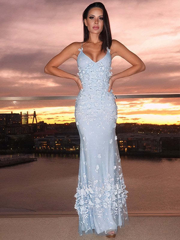 Sheath/Column Tulle Applique Halter Sleeveless Floor-Length Prom Dresses