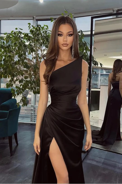 Simple Black Long One Shoulder Slit Mermaid Prom Dresses-BMbridal.com