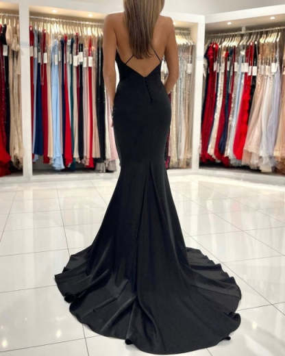 Simple Black Long Spaghetti Straps Mermaid Prom Dresses-BMbridal.com
