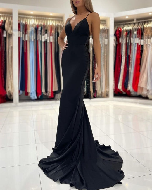 Simple Black Long Spaghetti Straps Mermaid Prom Dresses-BMbridal.com