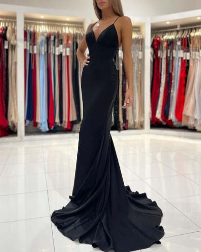 Simple Black Long Spaghetti Straps Mermaid Prom Dresses-BMbridal.com