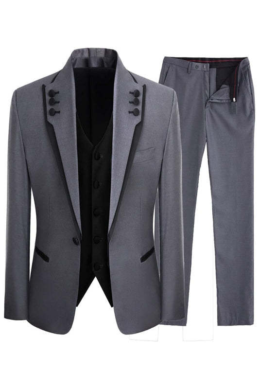 Gray Three Pieces Simple Prom Suits Shawl Lapel Wedding Groom Suit-BMbridal