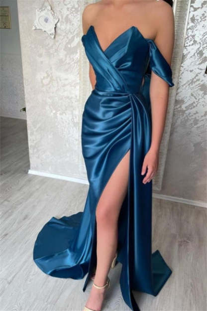 Simple Long Blue Off-the-shoulder Prom Dress With Slit-BMbridal.com