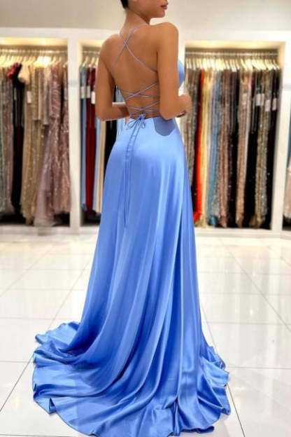Simple Long Blue V-neck Spaghetti Straps Satin Evening Dresses With Slit-BMbridal.com