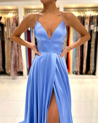 Simple Long Blue V-neck Spaghetti Straps Satin Evening Dresses With Slit-BMbridal.com