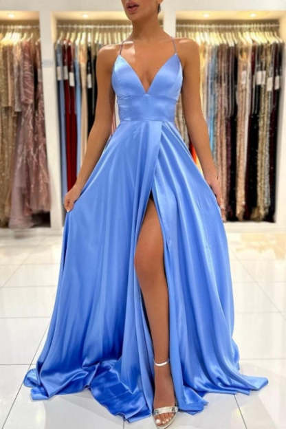 Simple Long Blue V-neck Spaghetti Straps Satin Evening Dresses With Slit-BMbridal.com