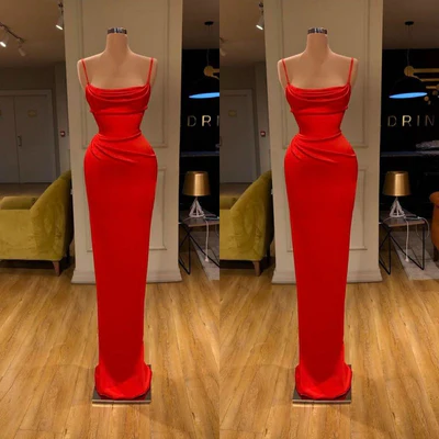 Simple Long Red Spaghetti Straps Mermaid Sleeveless Prom Dress-BMbridal.com