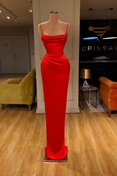 Simple Long Red Spaghetti Straps Mermaid Sleeveless Prom Dress-BMbridal.com