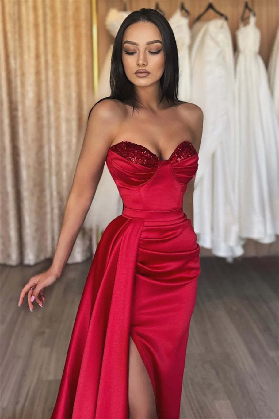 Simple Long Red Sweetheart Sequined Prom Dress With Slit-BMbridal.com