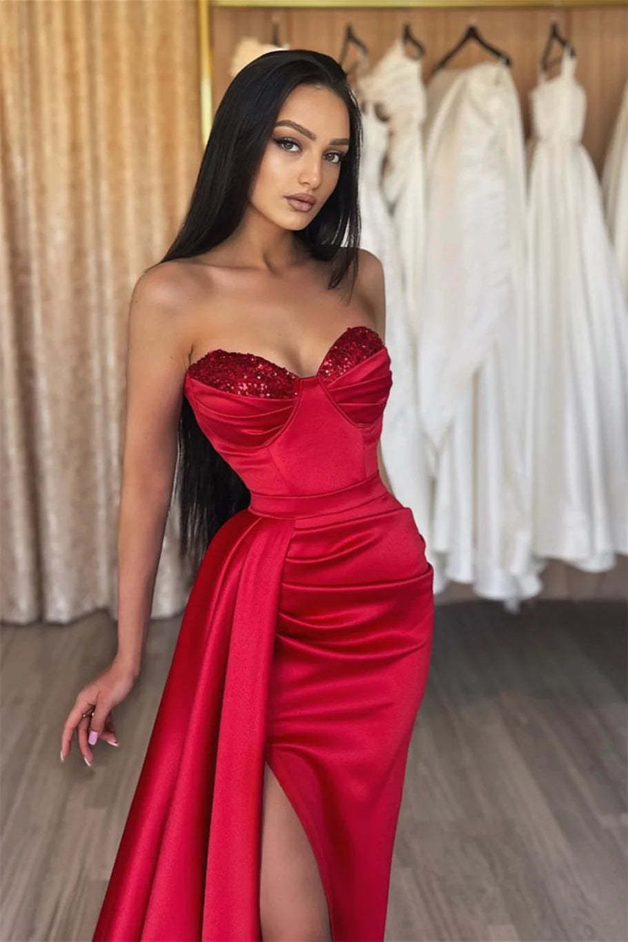 Simple Long Red Sweetheart Sequined Prom Dress With Slit-BMbridal.com