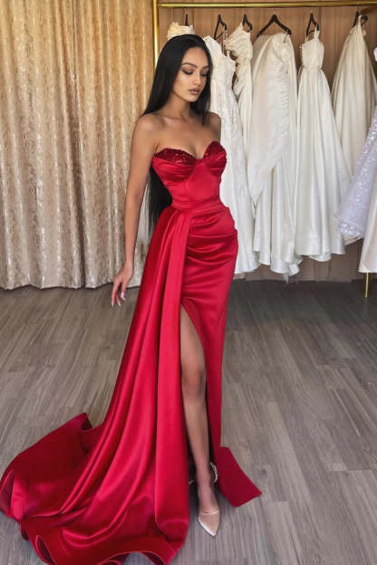 Simple Long Red Sweetheart Sequined Prom Dress With Slit-BMbridal.com