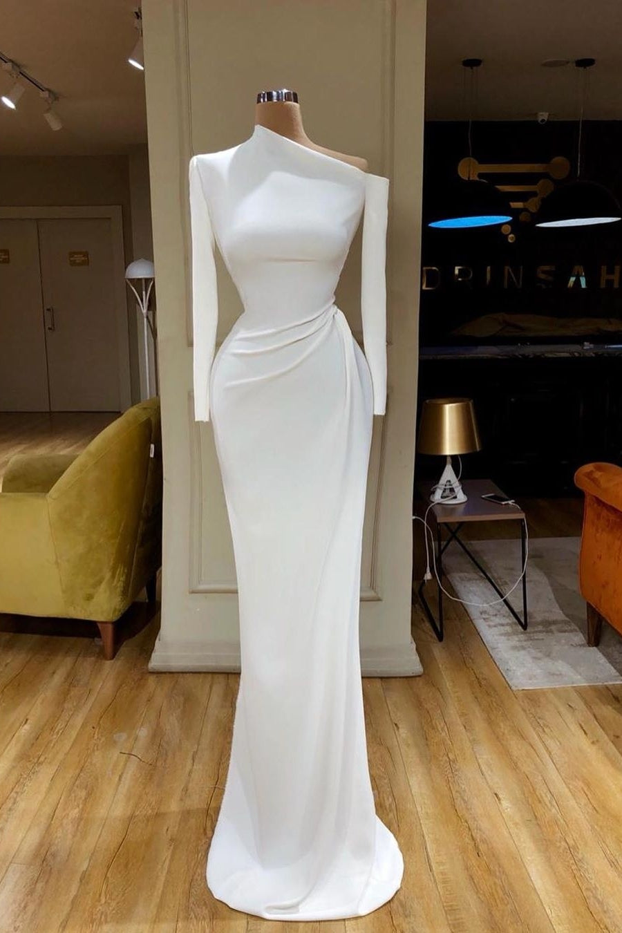 Simple Long White Mermaid Satin Wedding Dress With Long Sleeves-BMbridal.com