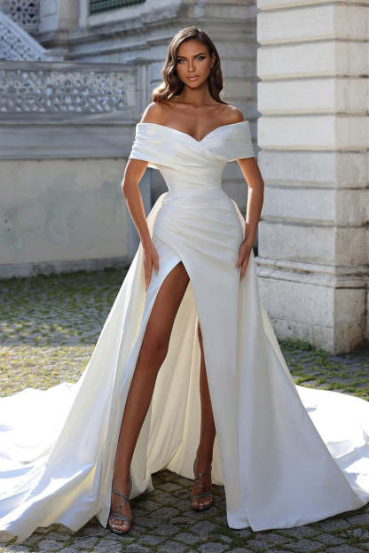 Simple Long White Off-the-shoulder Split Front Wedding Dress With Detachable Train-BMbridal.com