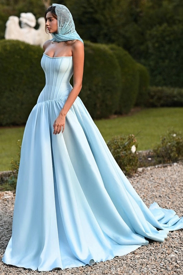 Simple Sky Blue Strapless Sleeveless A-line Prom Dress with Ruffles and Chapel Train