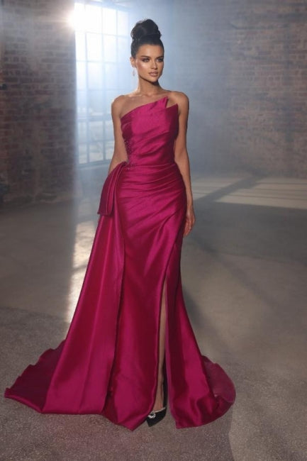 Simple Sleeveless Evening Dresses Fuchsia Long Prom Dresses With Slit-BMbridal.com