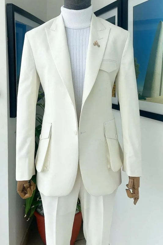 Simple White Peaked Lapel Two Pieces Prom Suits One Button Formal Business Suits Jacket Pants-BMbridal