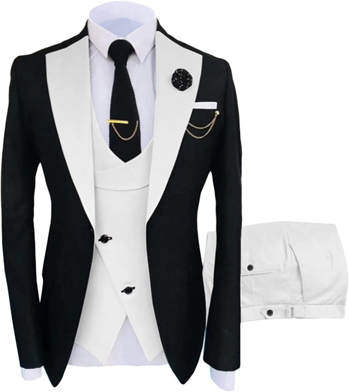 Simple White Shawl Lapel Three Pieces Black Prom Suits-BMbridal