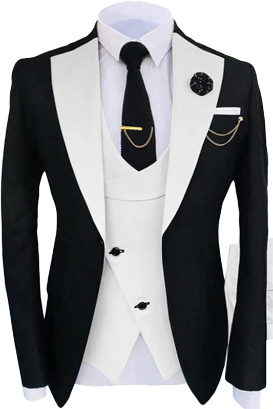 Simple White Shawl Lapel Three Pieces Black Prom Suits-BMbridal