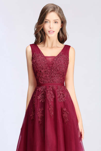 Sleeveless Appliques Tulle Lace V-Neck Knee Length Dress-BMbridal