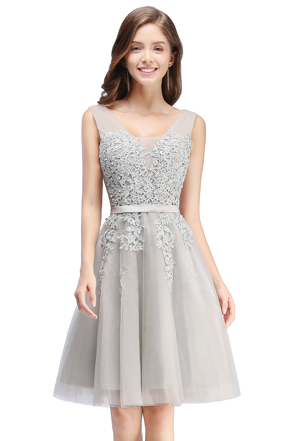 Sleeveless Appliques Tulle Lace V-Neck Knee Length Dress-BMbridal