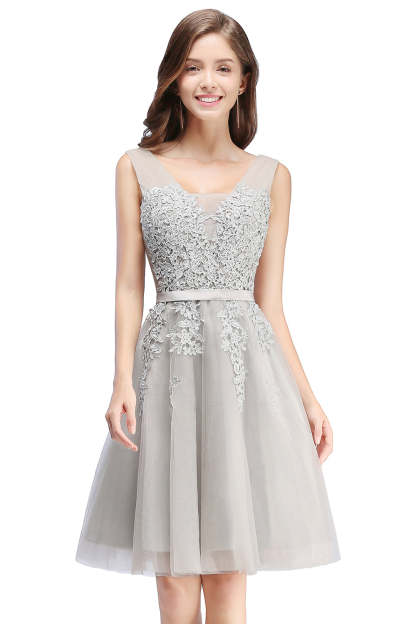Sleeveless Appliques Tulle Lace V-Neck Knee Length Dress-BMbridal