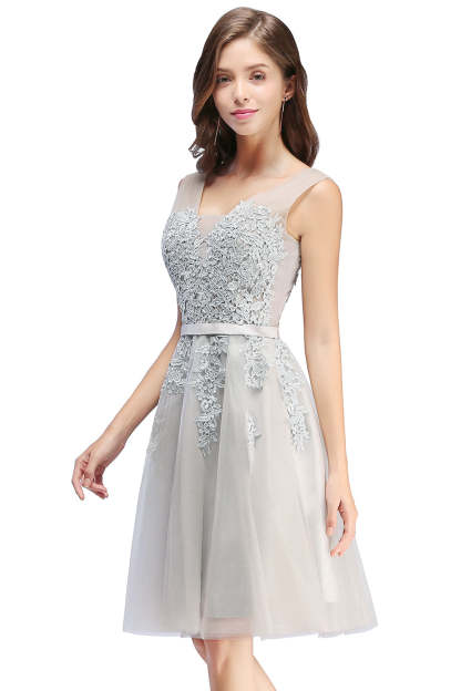 Sleeveless Appliques Tulle Lace V-Neck Knee Length Dress-BMbridal