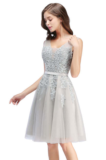 Sleeveless Appliques Tulle Lace V-Neck Knee Length Dress-BMbridal