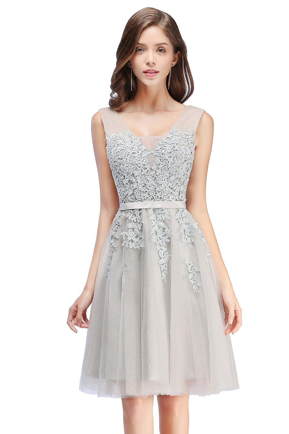 Sleeveless Appliques Tulle Lace V-Neck Knee Length Dress-BMbridal