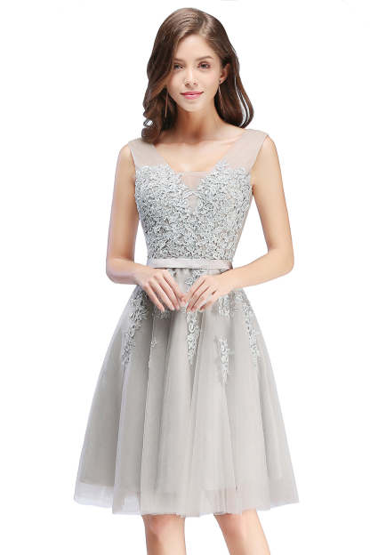 Sleeveless Appliques Tulle Lace V-Neck Knee Length Dress-BMbridal