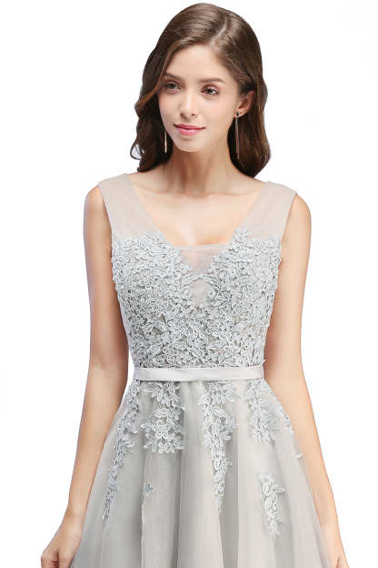 Sleeveless Appliques Tulle Lace V-Neck Knee Length Dress-BMbridal
