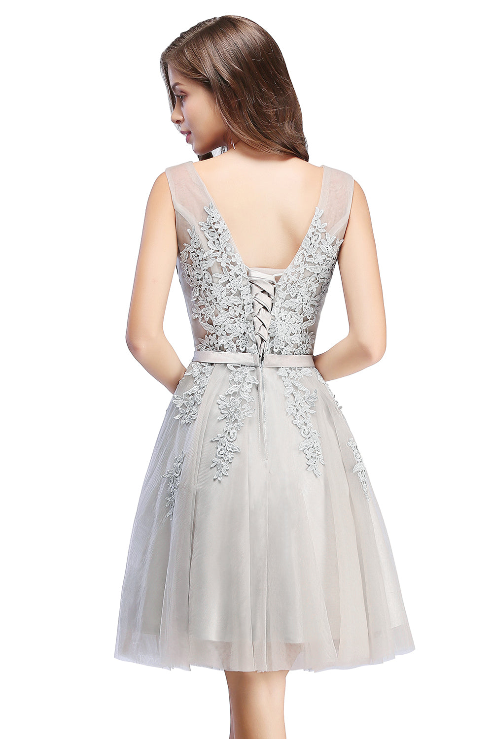 Sleeveless Appliques Tulle Lace V-Neck Knee Length Dress-BMbridal